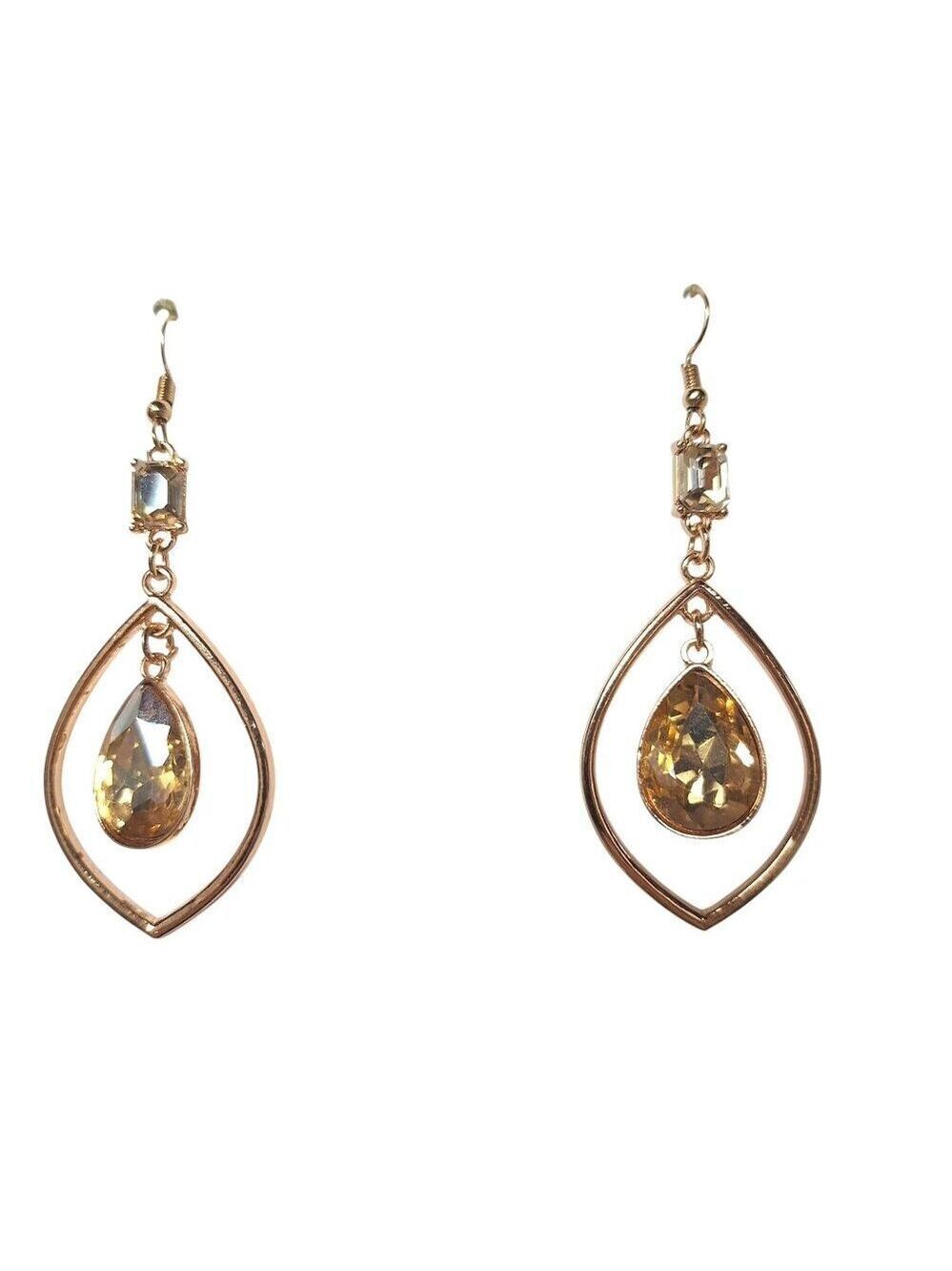 Gold Tone Teardrop Earrings Amber Crystal